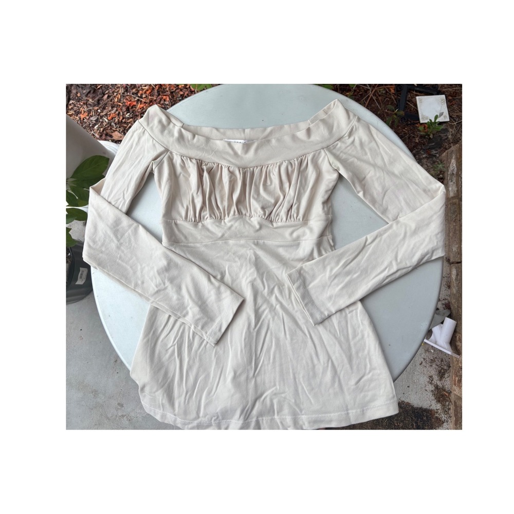 Susana Monaco Beige Off the Shoulder Ruched Empire Waist Long Sleeve Top XS
